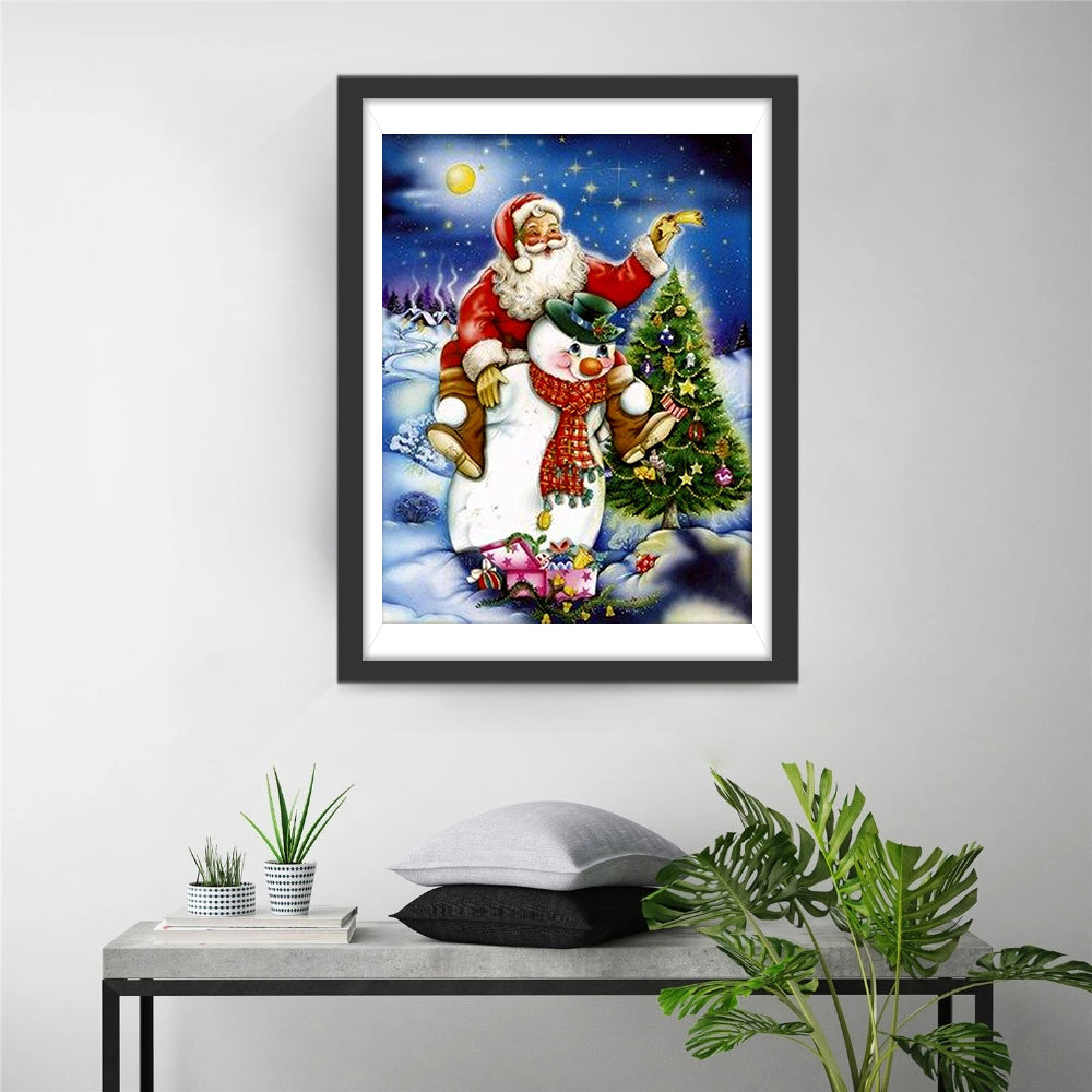 Kerstman op Sneeuwman naast Kerstboom onder Sterrenhemel Diamond Painting
