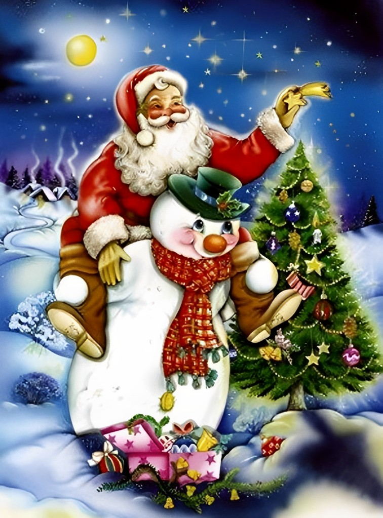 Kerstman op Sneeuwman naast Kerstboom onder Sterrenhemel Diamond Painting