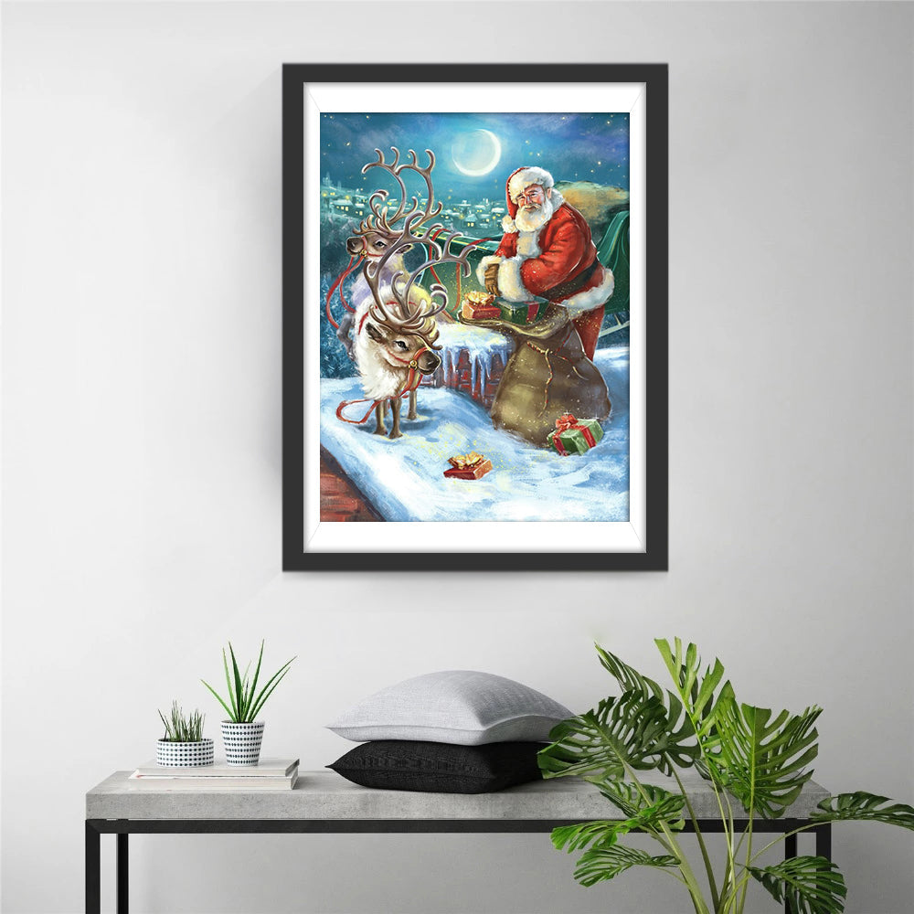Kerstman, Rendier en de Sterrenhemel Diamond Painting