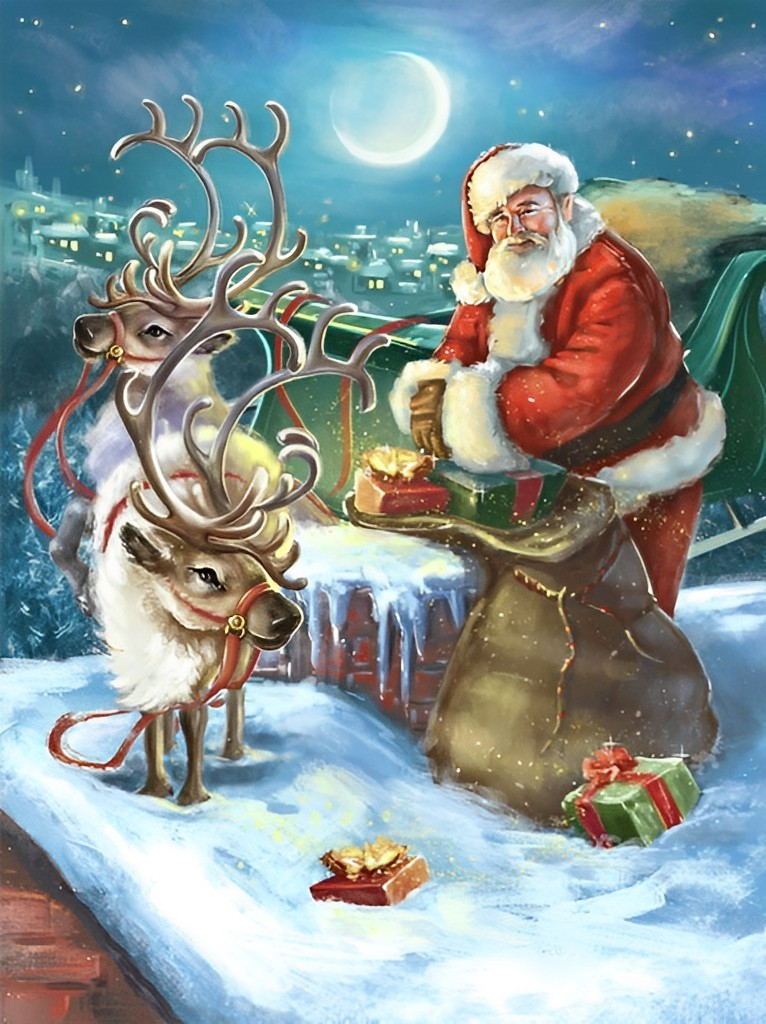 Kerstman, Rendier en de Sterrenhemel Diamond Painting