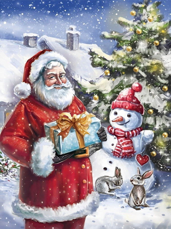 Kerstplezier met Sinterklaas, Sneeuwman en Konijnen Diamond Painting