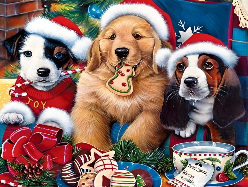 Kerstpuppy's met Hoofddeksel en Feestelijke Versnaperingen Diamond Painting