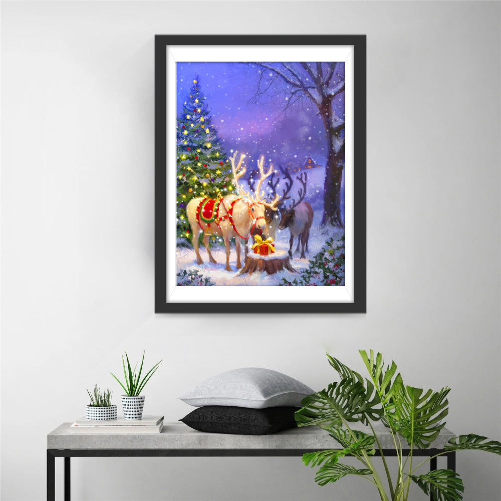 Kerstrendieren bij Verlichte Boom met Geschenk Diamond Painting