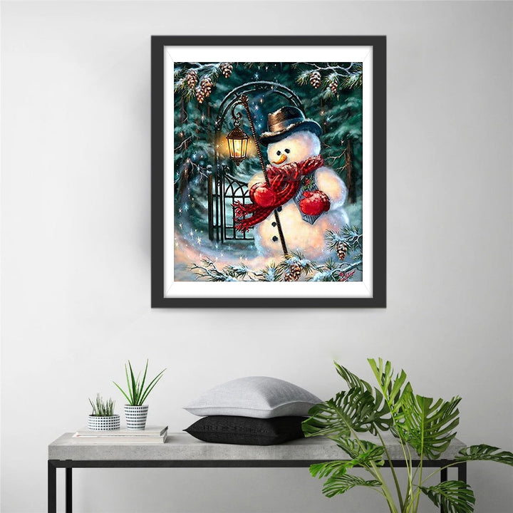 Kerstsneeuwpop met Lantaarn Diamond Painting