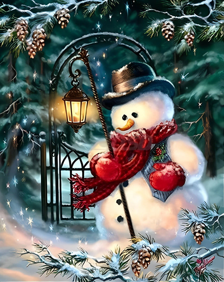 Kerstsneeuwpop met Lantaarn Diamond Painting