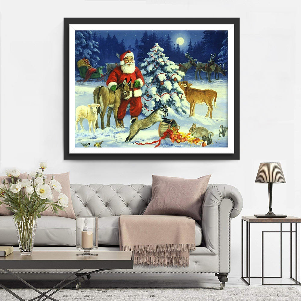 Kerstvreugde met Kerstman en Dieren Diamond Painting