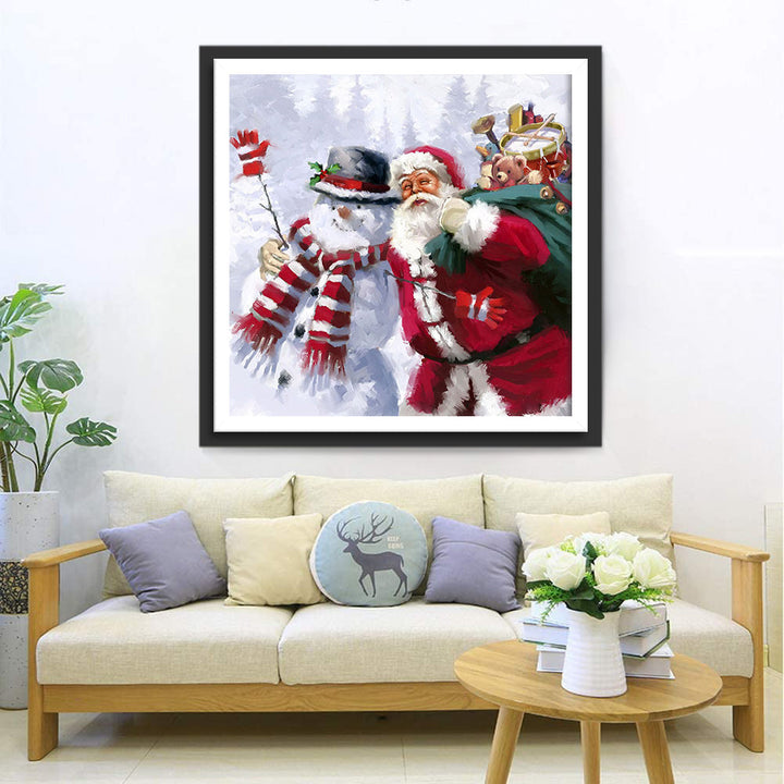 Kerstvreugde met Kerstman en Sneeuwpop Diamond Painting