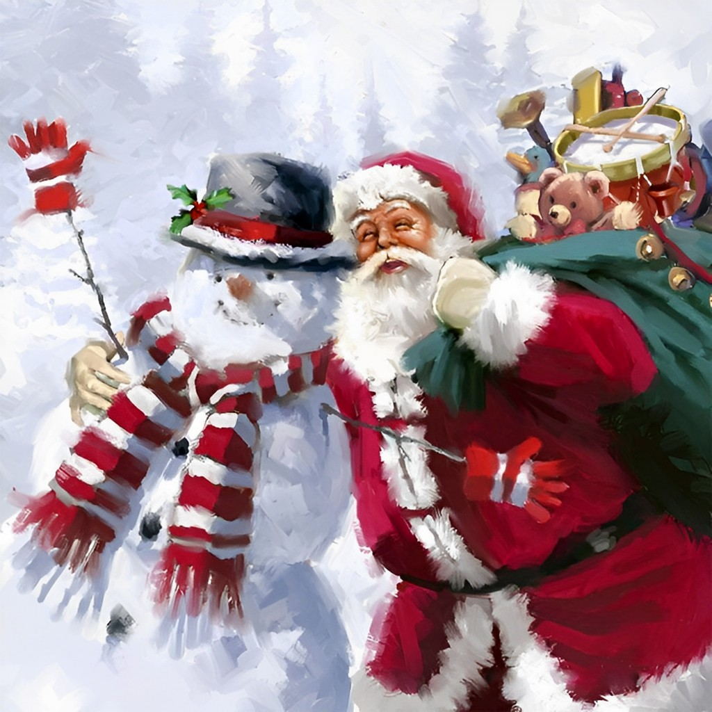 Kerstvreugde met Kerstman en Sneeuwpop Diamond Painting