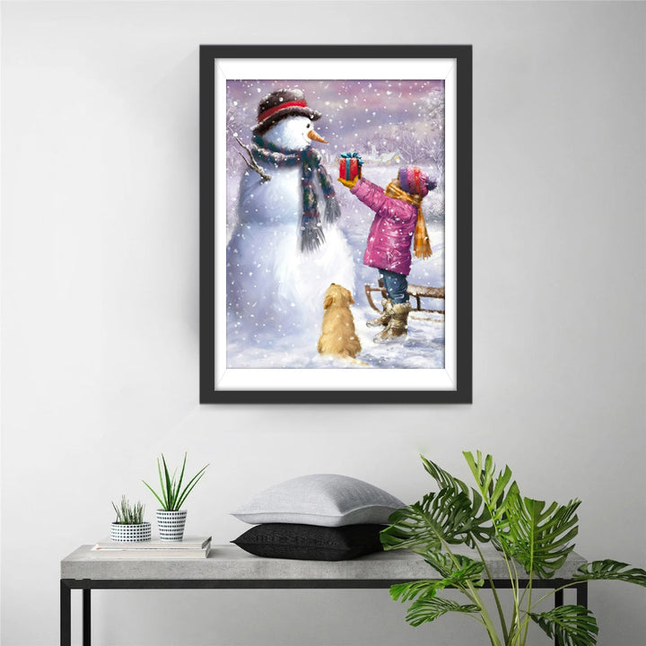 Kind Geeft Sneeuwman een Geschenk Diamond Painting