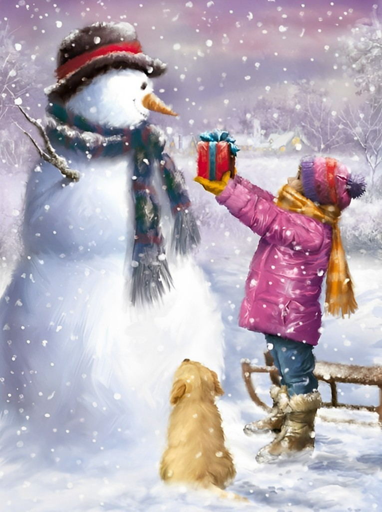 Kind Geeft Sneeuwman een Geschenk Diamond Painting