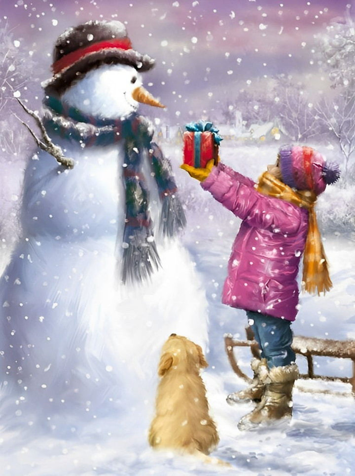 Kind Geeft Sneeuwman een Geschenk Diamond Painting