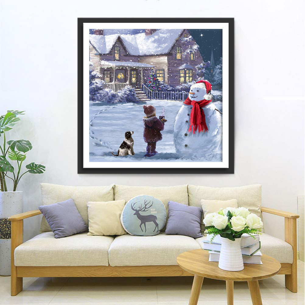 Kind, Hond en Sneeuwpop Diamond Painting