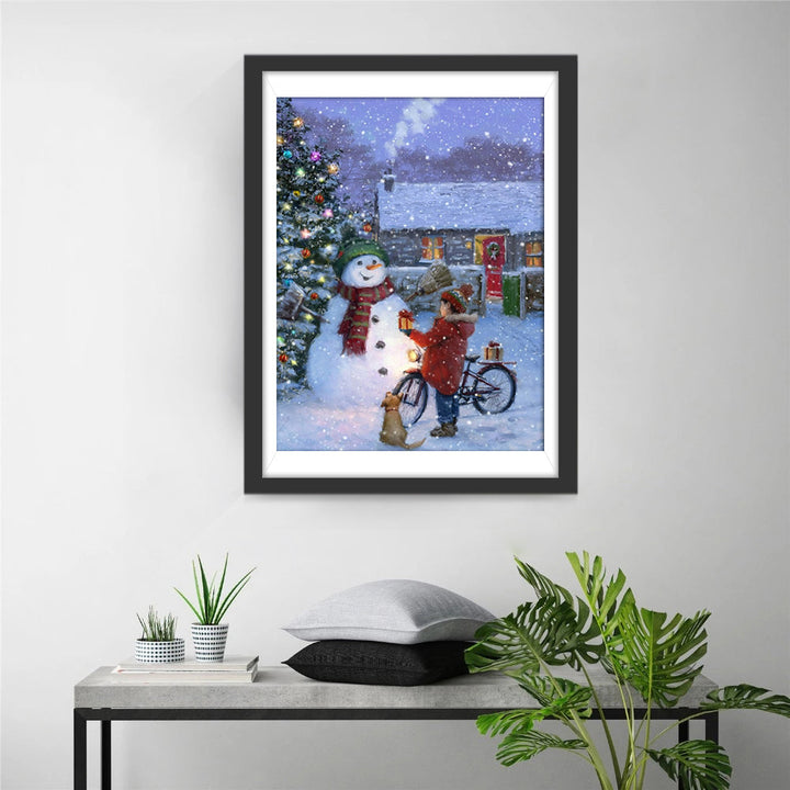 Kind, Sneeuwman en Lichtjes Diamond Painting