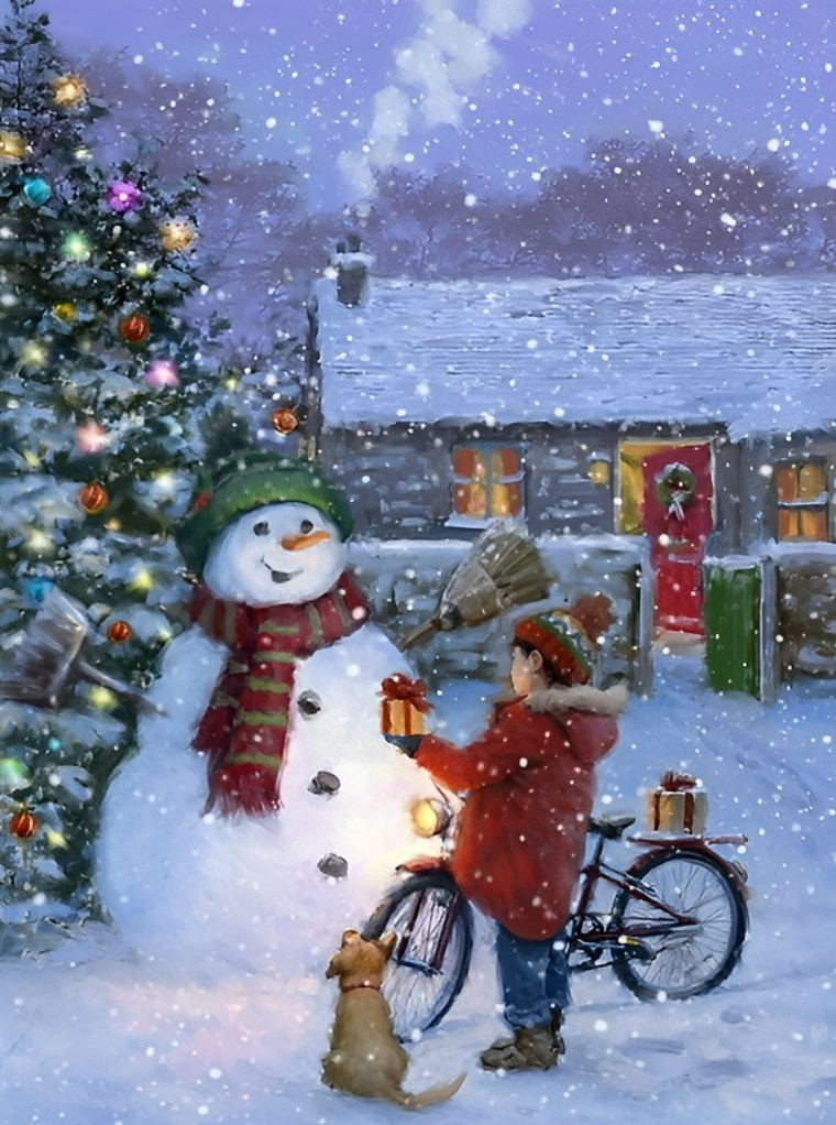 Kind, Sneeuwman en Lichtjes Diamond Painting