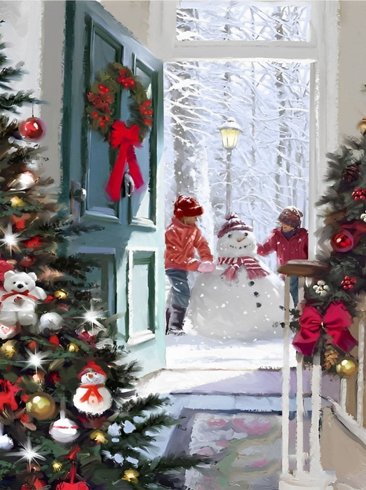 Kinderen die een Sneeuwpop Maken Diamond Painting