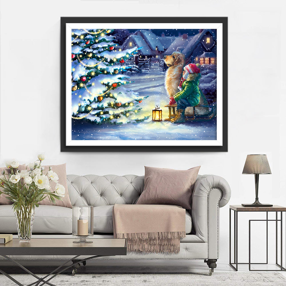 Kindertje en Hond Vieren Kerst Diamond Painting