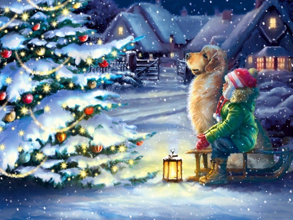 Kindertje en Hond Vieren Kerst Diamond Painting