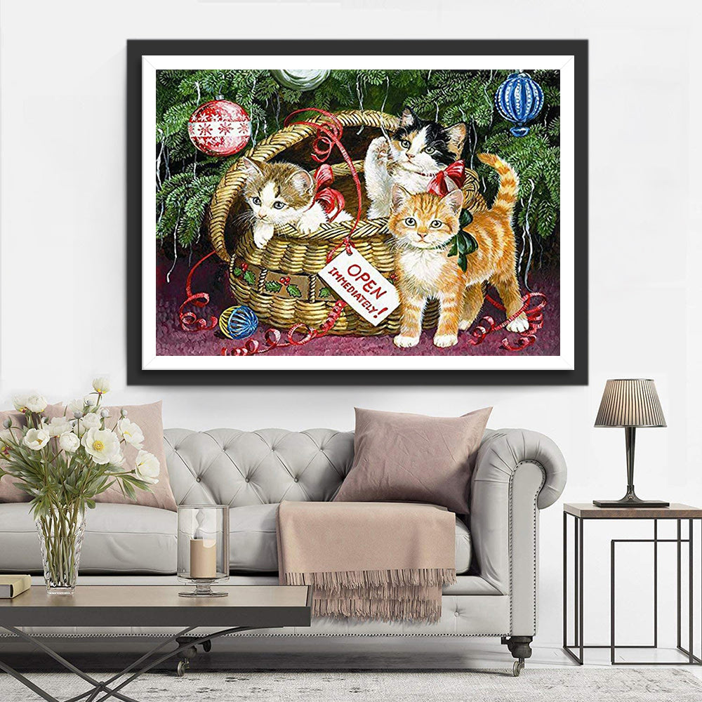 Kittens in Mand onder Kerstboom Diamond Painting