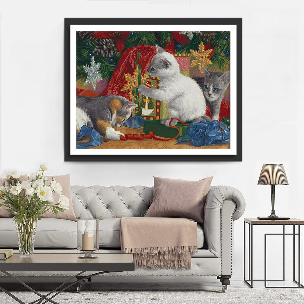 Kittens Spelen met Kerstgeschenk Diamond Painting