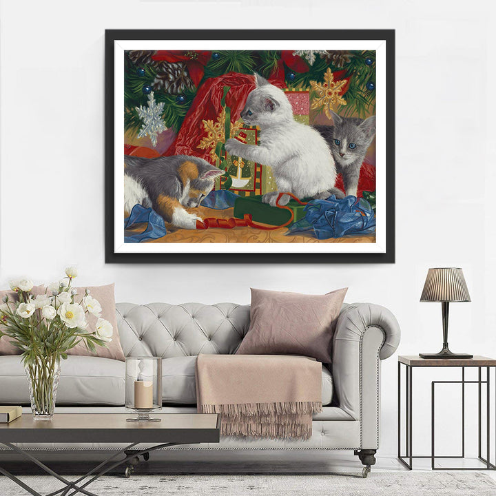 Kittens Spelen met Kerstgeschenk Diamond Painting