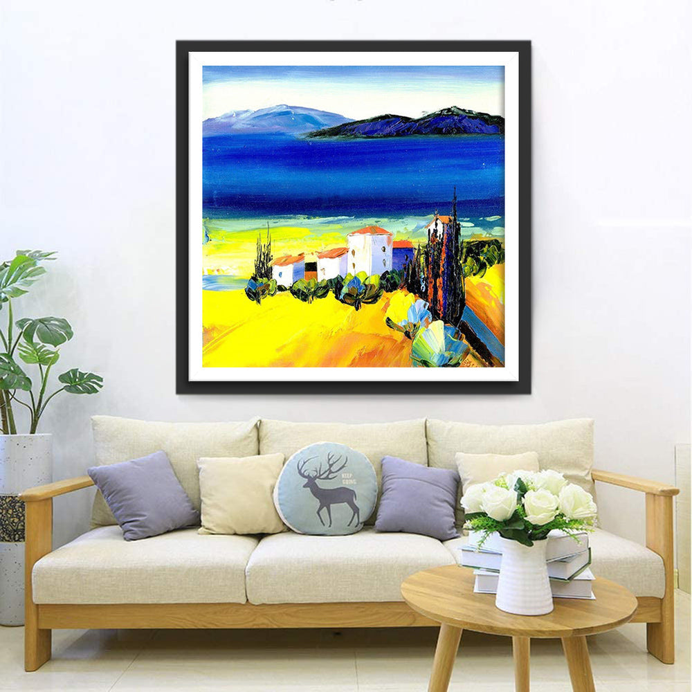 Kleurrijk Kustlandschap met Witte Huizen Diamond Painting