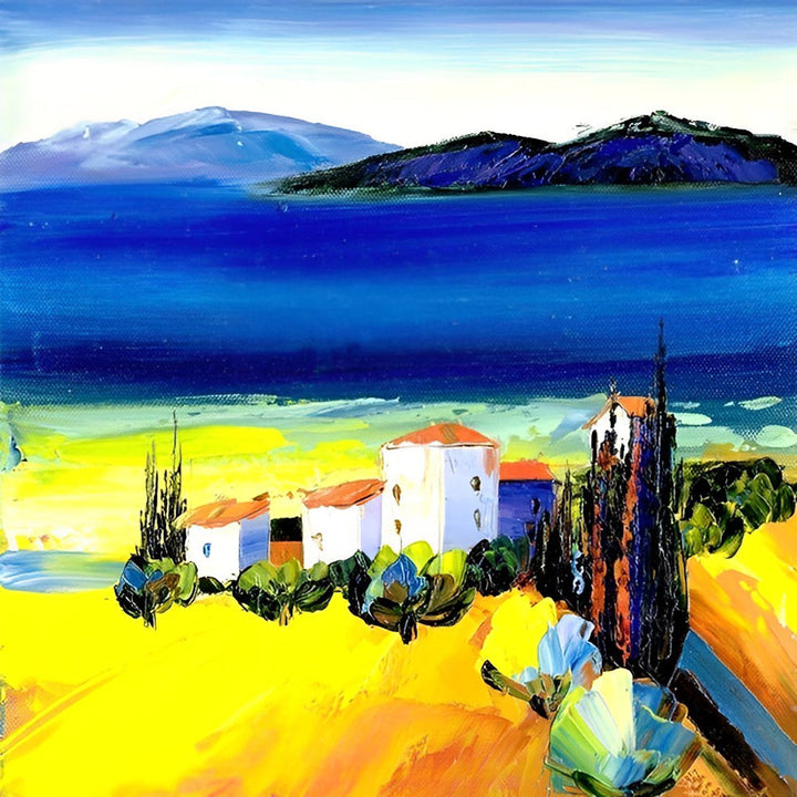 Kleurrijk Kustlandschap met Witte Huizen Diamond Painting