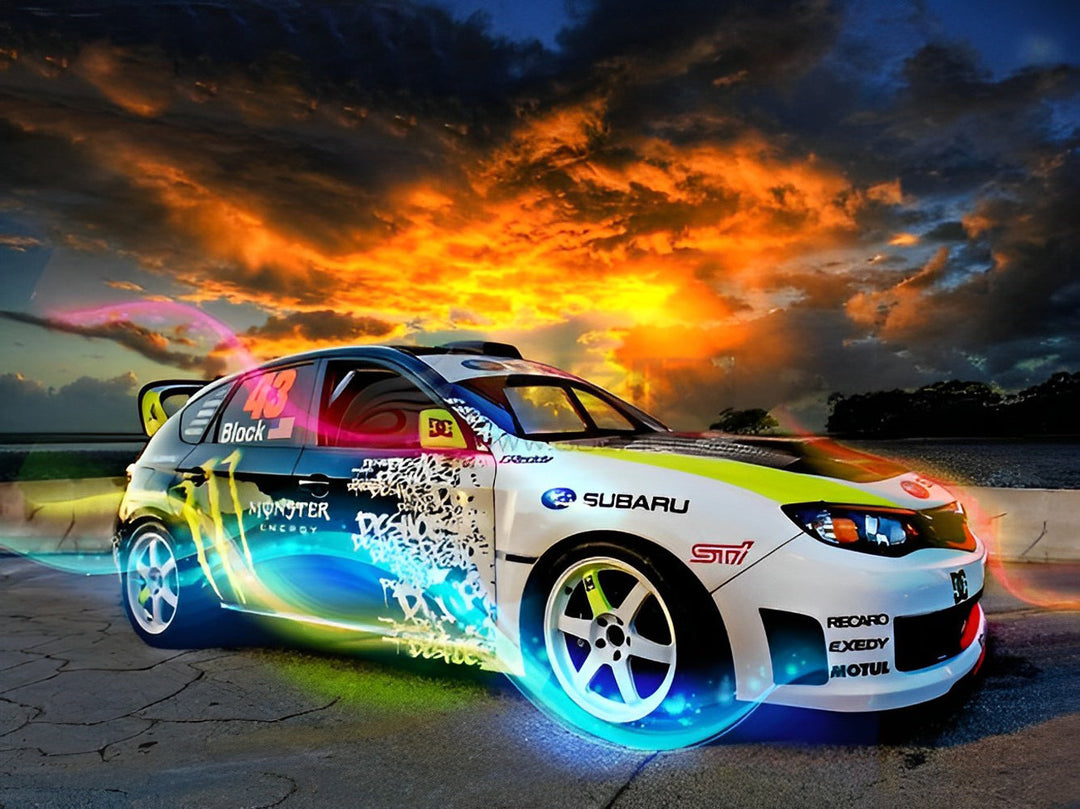 Kleurrijke Racewagen met Lichteffecten Diamond Painting