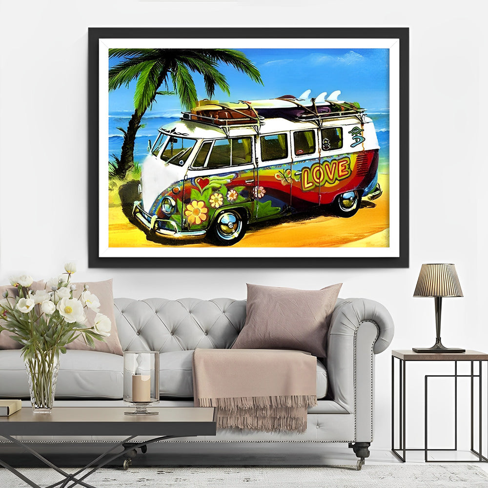 Kleurrijke Volkswagen-busje met Surfplanken op Dak Diamond Painting