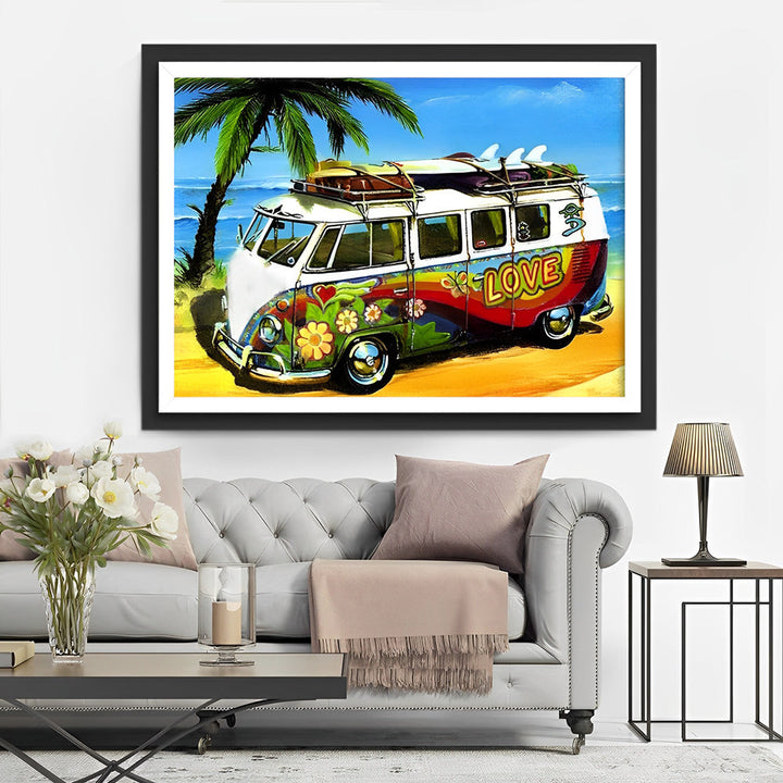 Kleurrijke Volkswagen-busje met Surfplanken op Dak Diamond Painting