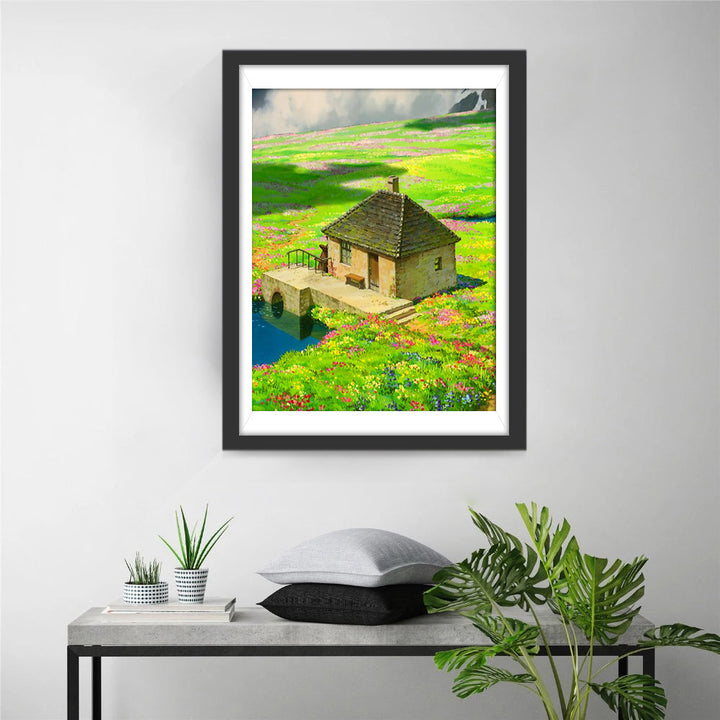 Knusse Huisje temidden van een Kleurrijk Bloemenveld Diamond Painting