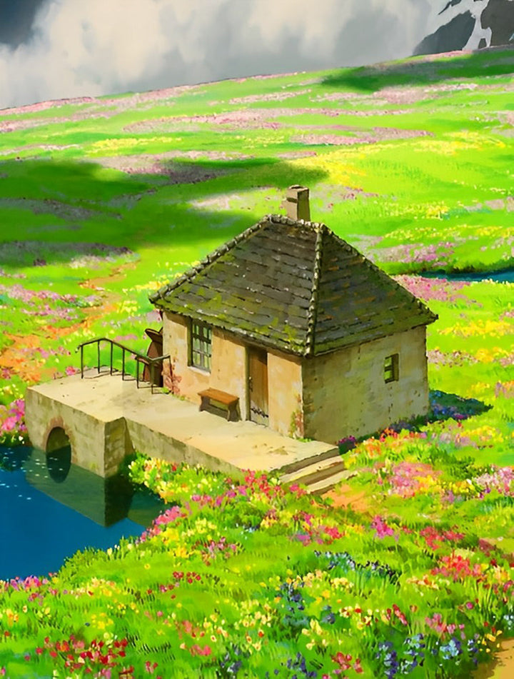 Knusse Huisje temidden van een Kleurrijk Bloemenveld Diamond Painting