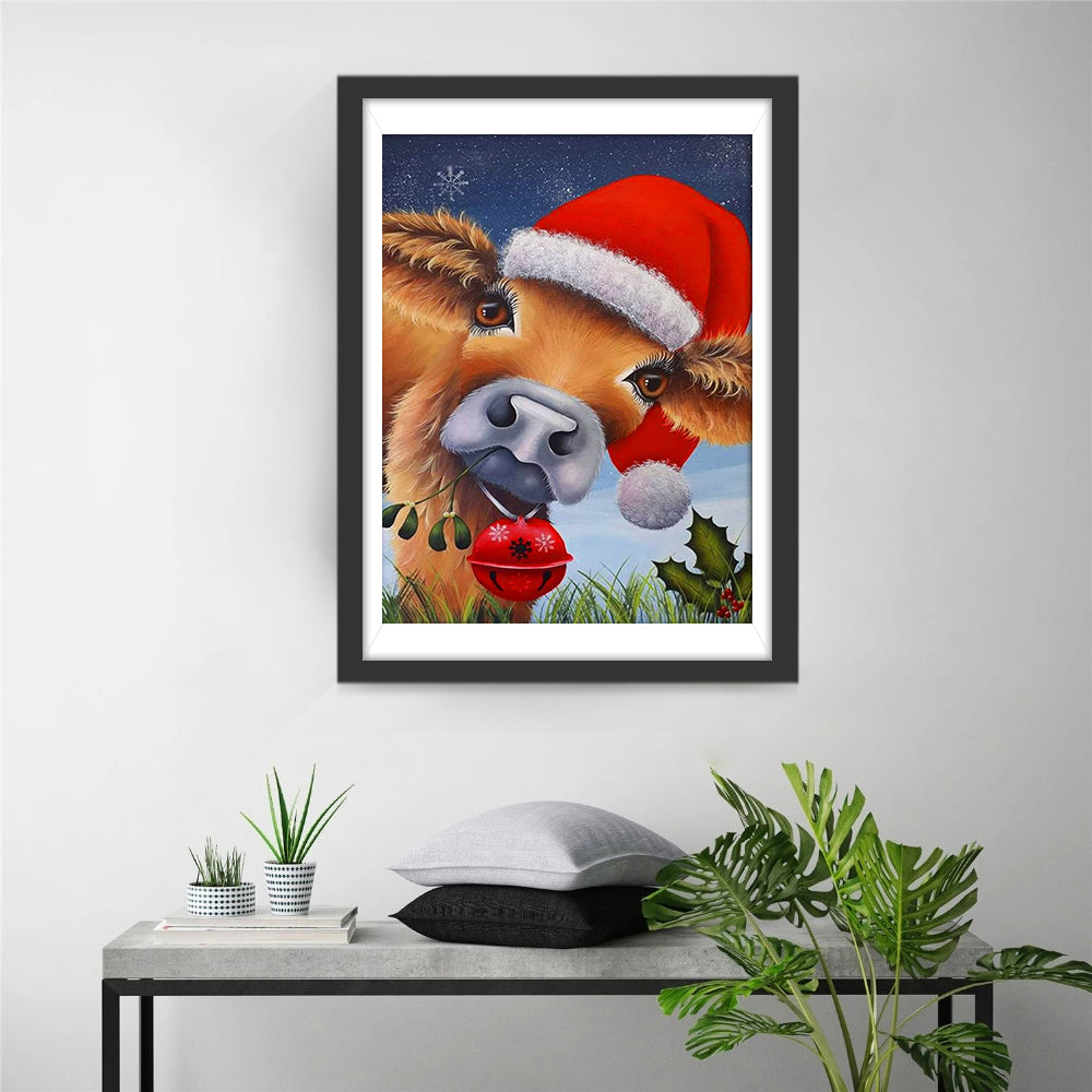 Ko met Kerstmuts Kijkt naar Kerstbel en Varen Diamond Painting