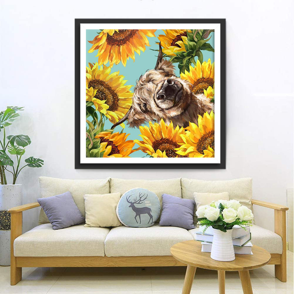 Koe in het Zonnebloemveld Diamond Painting