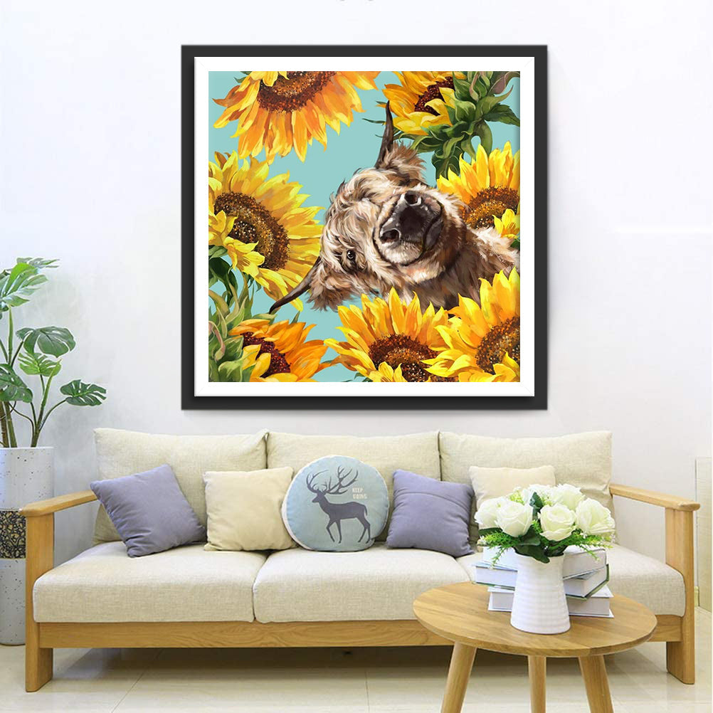 Koe in het Zonnebloemveld Diamond Painting