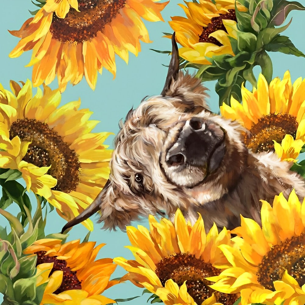 Koe in het Zonnebloemveld Diamond Painting