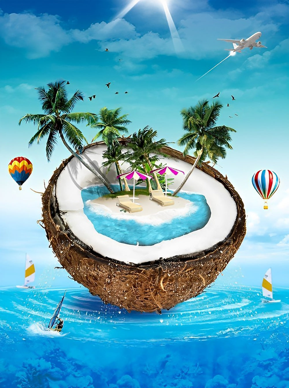 Kokosnootwereld met Palmen, Luchtballonnen en Vliegtuig Diamond Painting