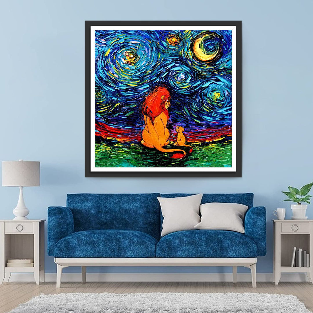 Leeuw en Welp in de Stijl van Sterrennacht Diamond Painting