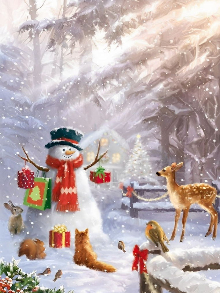 Leuke Sneeuwpop, de Herten en de Geschenken Diamond Painting