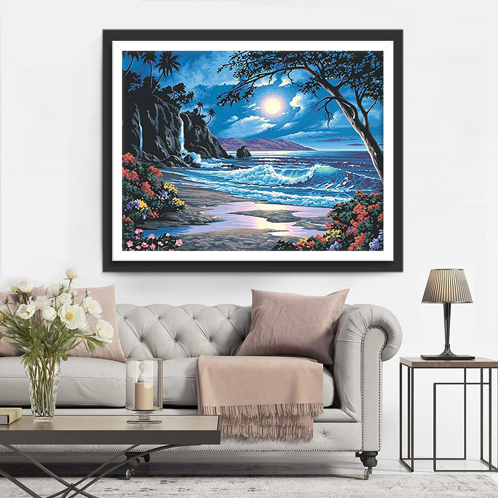 Maanlicht bij de Kust met Waterval en Bloemen Diamond Painting