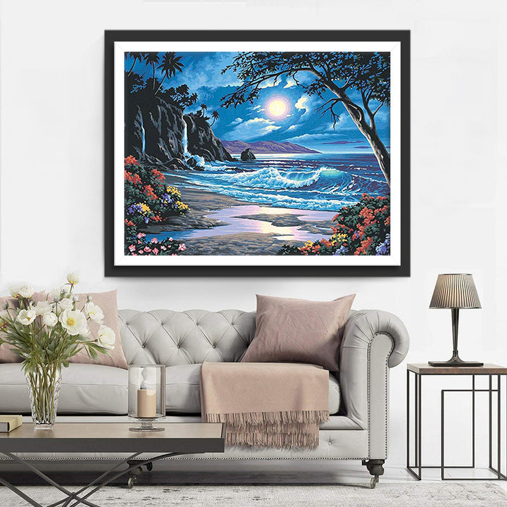 Maanlicht bij de Kust met Waterval en Bloemen Diamond Painting