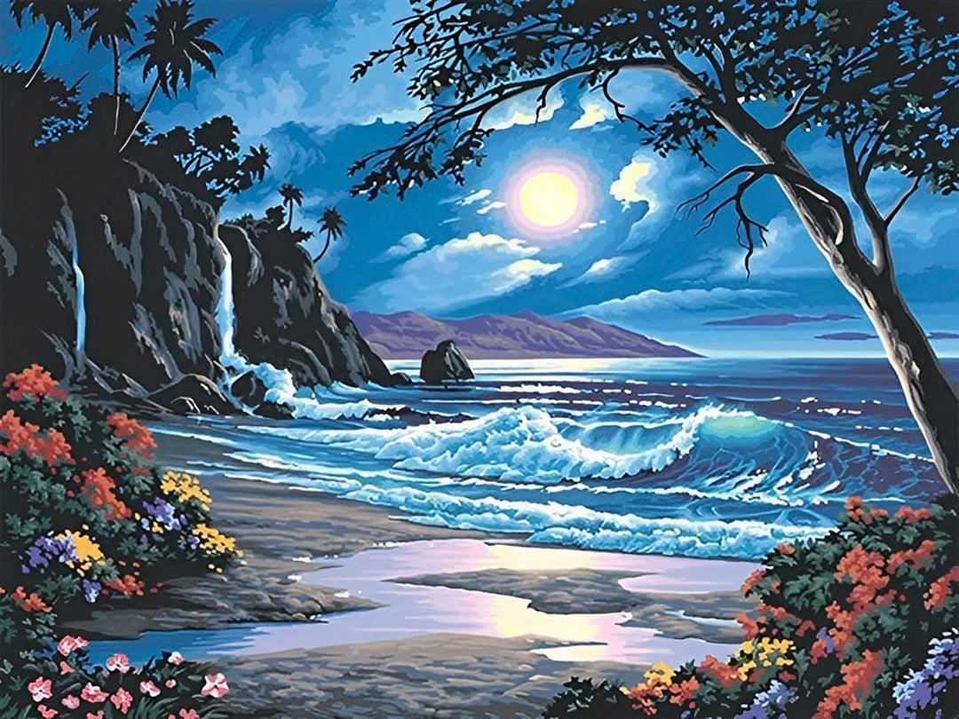 Maanlicht bij de Kust met Waterval en Bloemen Diamond Painting