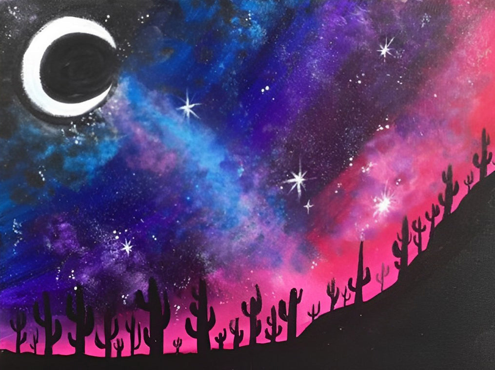 Magisch Sterrenhemelweelde met Cactussilhouetten Diamond Painting