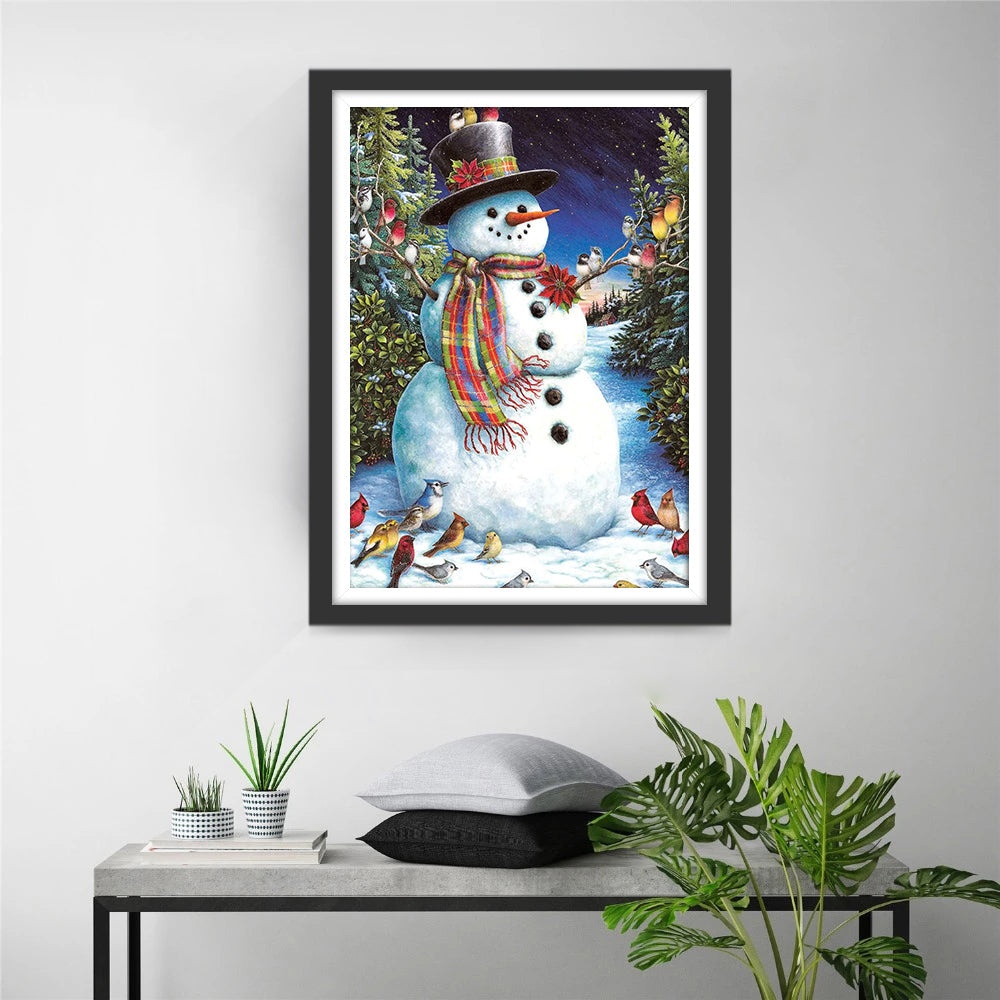 Magisch Winterbeeld met Sneeuwpop en Vogeltjes Diamond Painting