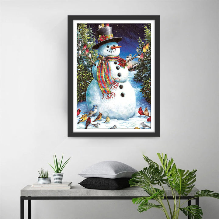 Magisch Winterbeeld met Sneeuwpop en Vogeltjes Diamond Painting