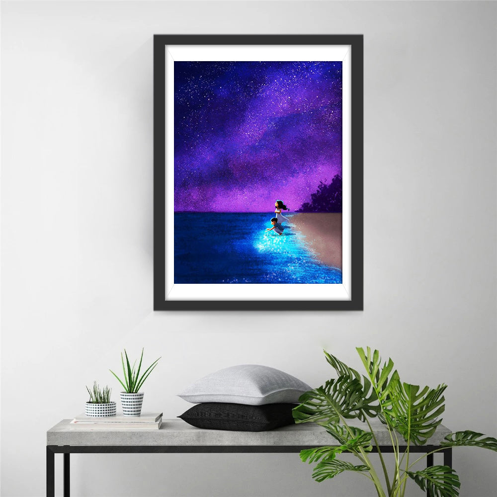 Meisje aan Zee in Mystiek Sterrenlicht Diamond Painting