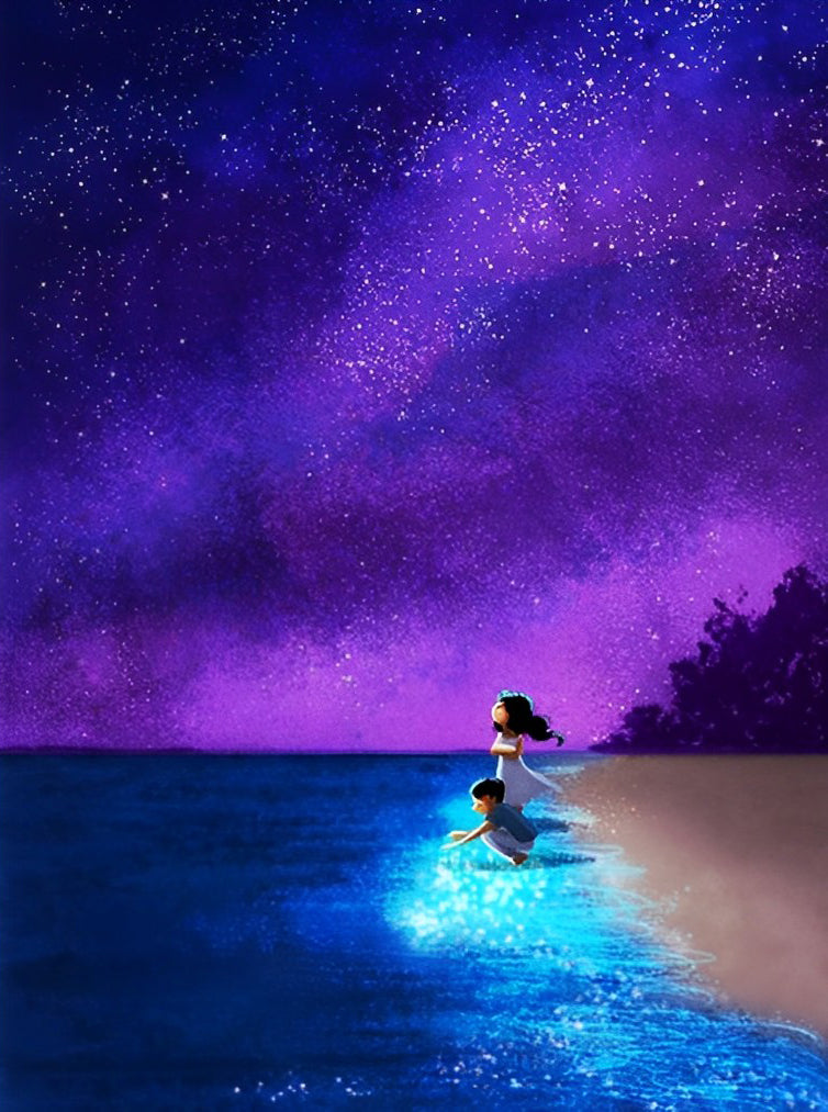 Meisje aan Zee in Mystiek Sterrenlicht Diamond Painting