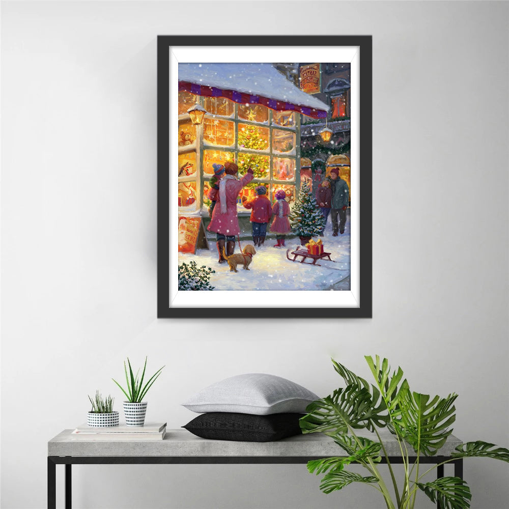 Mensen en Kind bij Kerstwinkel met Cadeaus Diamond Painting