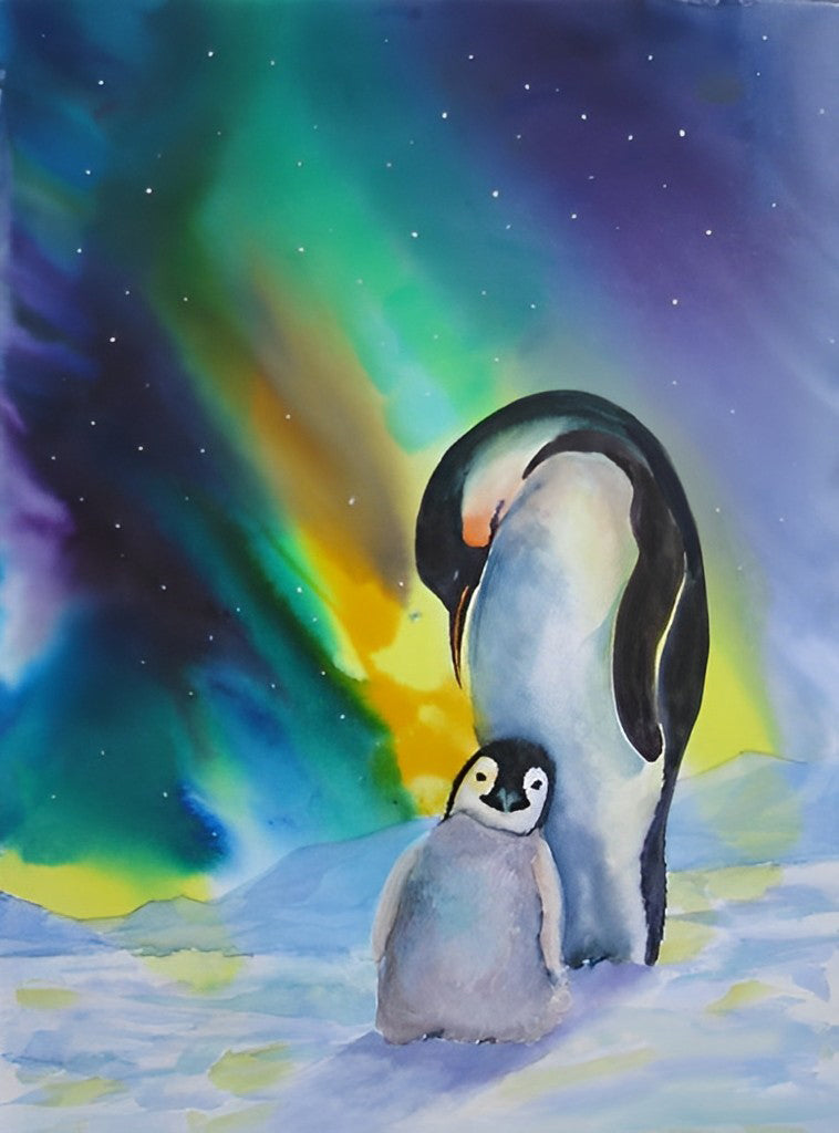 Moeder en Kind Pinguïns in het Noorderlicht Diamond Painting