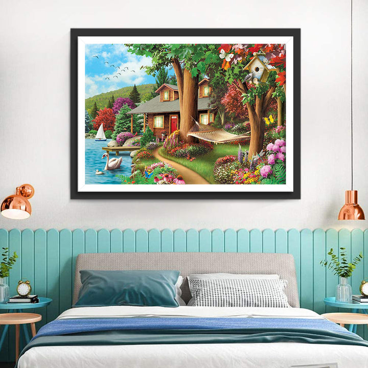 Mooi Huis in Bloemrijke Natuur Diamond Painting