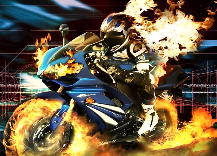 Motorrijder met Vlammen op Racemotor Diamond Painting